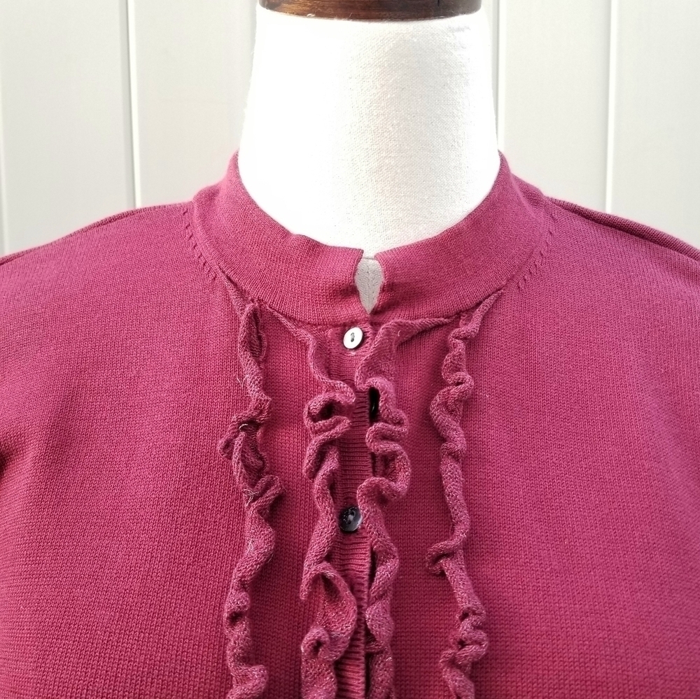J. Jill Cherry Ruffled Buttondown Cardigan Sweater, Medium Petite - Picture 4 of 9
